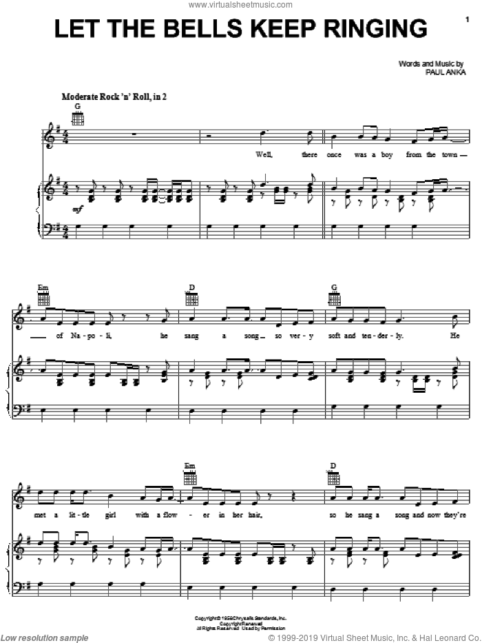 Let The Bells Keep Ringing sheet music for voice, piano or guitar by Paul Anka, intermediate skill level