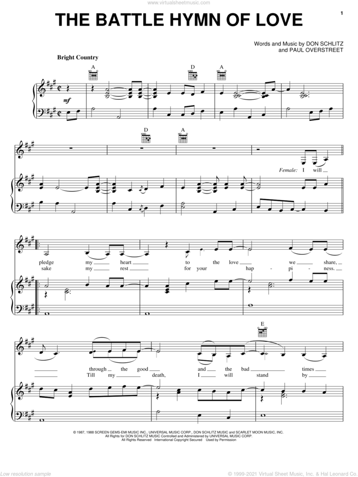 The Battle Hymn Of Love sheet music for voice, piano or guitar by Kathy Mattea, Don Schlitz and Paul Overstreet, wedding score, intermediate skill level