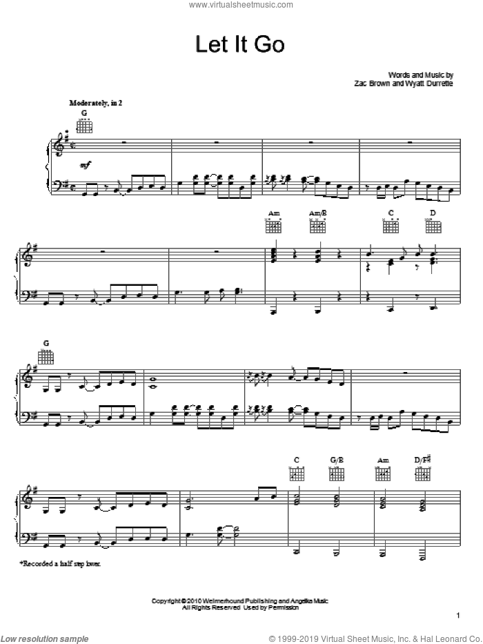 Let It Go sheet music for voice, piano or guitar by Zac Brown Band, Wyatt Durrette and Zac Brown, intermediate skill level