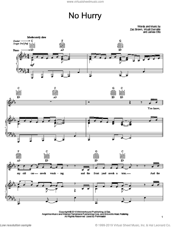 No Hurry sheet music for voice, piano or guitar by Zac Brown Band, James Otto, Wyatt Durrette and Zac Brown, intermediate skill level