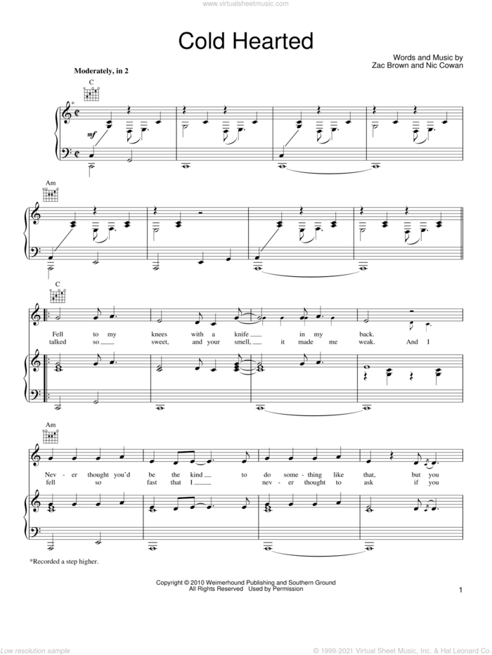 Cold Hearted sheet music for voice, piano or guitar by Zac Brown Band, Nic Cowan and Zac Brown, intermediate skill level