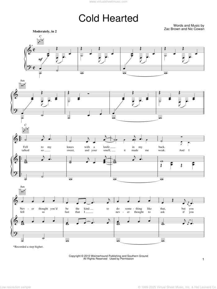 Cold Hearted sheet music for voice, piano or guitar by Zac Brown Band, Nic Cowan and Zac Brown, intermediate skill level