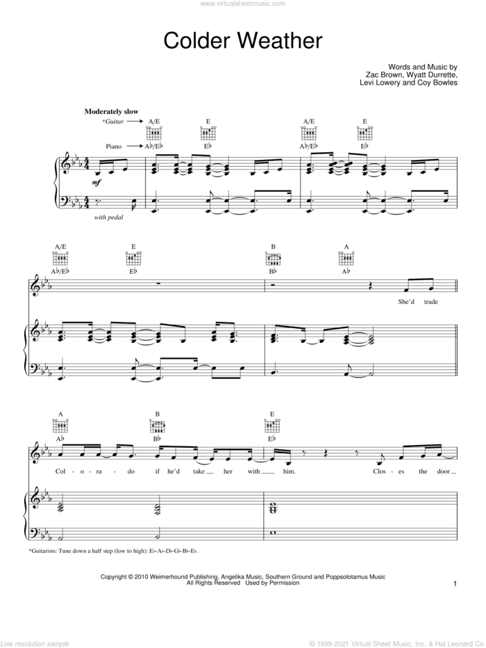 Colder Weather sheet music for voice, piano or guitar by Zac Brown Band, Coy Bowles, Levi Lowery, Wyatt Durrette and Zac Brown, intermediate skill level