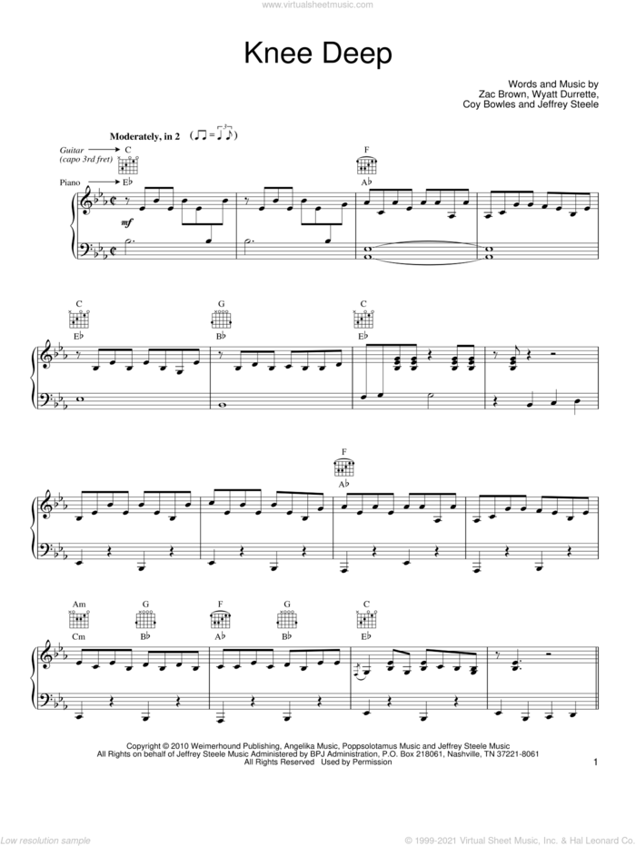 Knee Deep sheet music for voice, piano or guitar by Zac Brown Band, Coy Bowles, Jeffrey Steele, Wyatt Durrette and Zac Brown, intermediate skill level