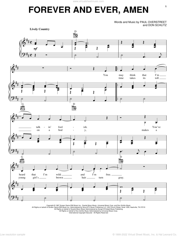 Forever And Ever, Amen sheet music for voice, piano or guitar by Randy Travis, Don Schlitz and Paul Overstreet, wedding score, intermediate skill level