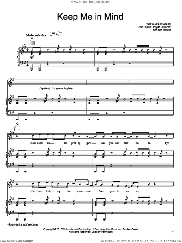 Keep Me In Mind sheet music for voice, piano or guitar by Zac Brown Band, Nic Cowan, Wyatt Durrette and Zac Brown, intermediate skill level