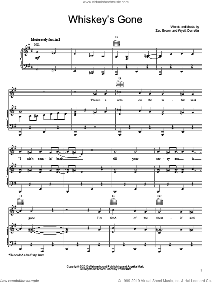 Whiskey's Gone sheet music for voice, piano or guitar by Zac Brown Band, Wyatt Durrette and Zac Brown, intermediate skill level