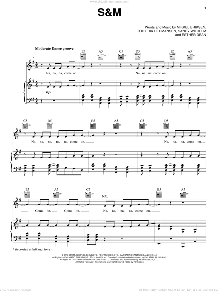 S&M sheet music for voice, piano or guitar by Rihanna, Ester Dean, Mikkel Eriksen, Sandy Wilhelm and Tor Erik Hermansen, intermediate skill level