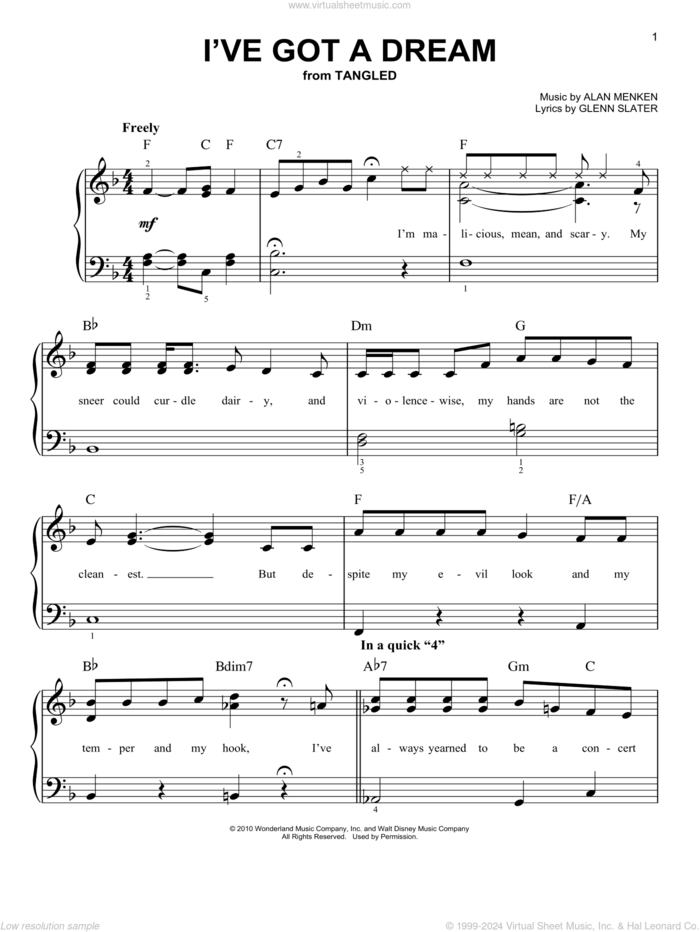 I've Got A Dream (from Tangled) sheet music for piano solo by Mandy Moore, Tangled (Movie), Alan Menken, Glenn Slater and Grace Potter, easy skill level