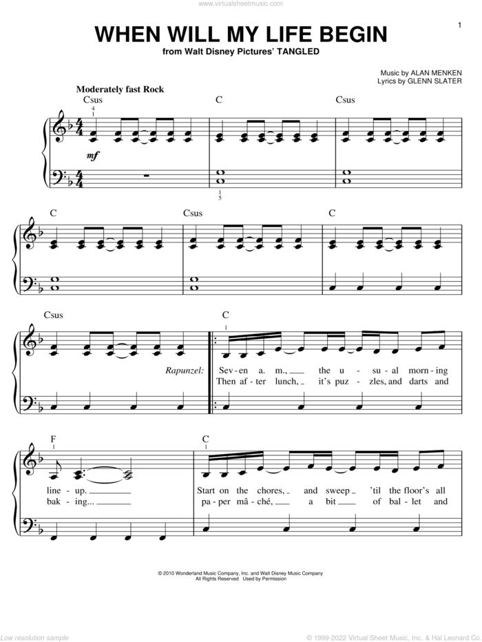 When Will My Life Begin? (from Tangled), (easy) sheet music for piano solo by Mandy Moore, Tangled (Movie), Alan Menken, Glenn Slater and Grace Potter, easy skill level