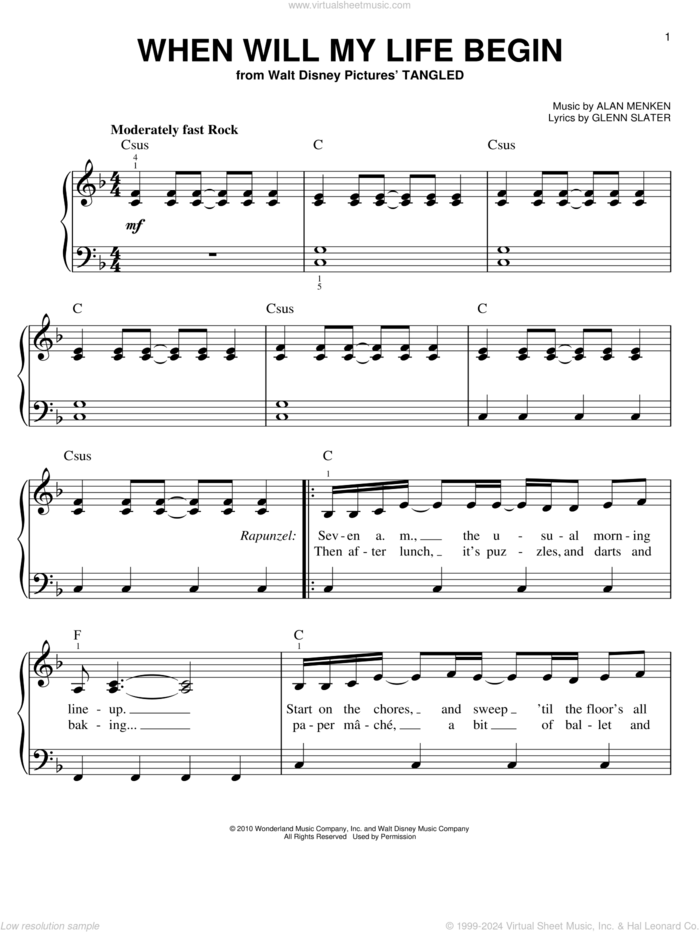 When Will My Life Begin? (from Tangled), (easy) sheet music for piano solo by Mandy Moore, Tangled (Movie), Alan Menken, Glenn Slater and Grace Potter, easy skill level