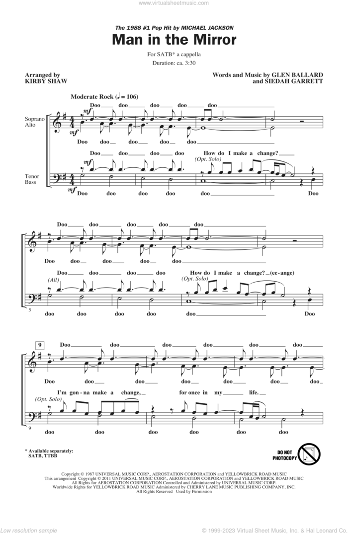 Man In The Mirror (arr. Kirby Shaw) sheet music for choir (SATB: soprano, alto, tenor, bass) by Glen Ballard, Siedah Garrett, Kirby Shaw and Michael Jackson, intermediate skill level