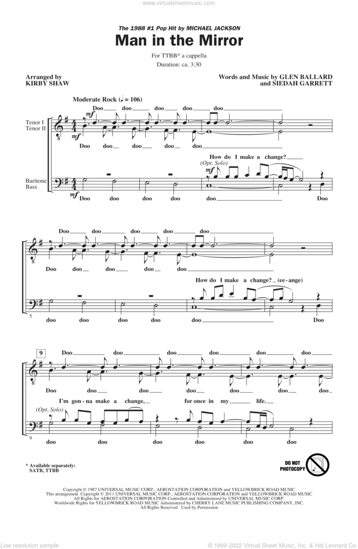 Man In The Mirror (arr. Kirby Shaw) sheet music for choir (TTBB: tenor, bass) by Glen Ballard, Siedah Garrett, Kirby Shaw and Michael Jackson, intermediate skill level