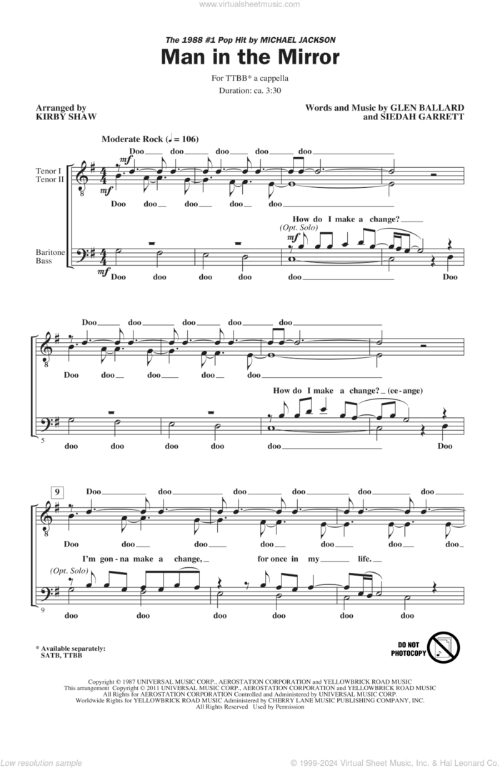 Man In The Mirror (arr. Kirby Shaw) sheet music for choir (TTBB: tenor, bass) by Glen Ballard, Siedah Garrett, Kirby Shaw and Michael Jackson, intermediate skill level