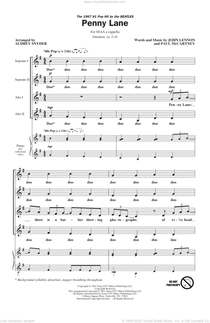Penny Lane sheet music for choir (SSA: soprano, alto) by Paul McCartney, John Lennon, Audrey Snyder and The Beatles, intermediate skill level