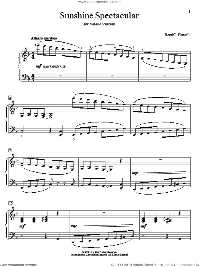 Sunshine Spectacular sheet music for piano solo (elementary) by Randall Hartsell, beginner piano (elementary)