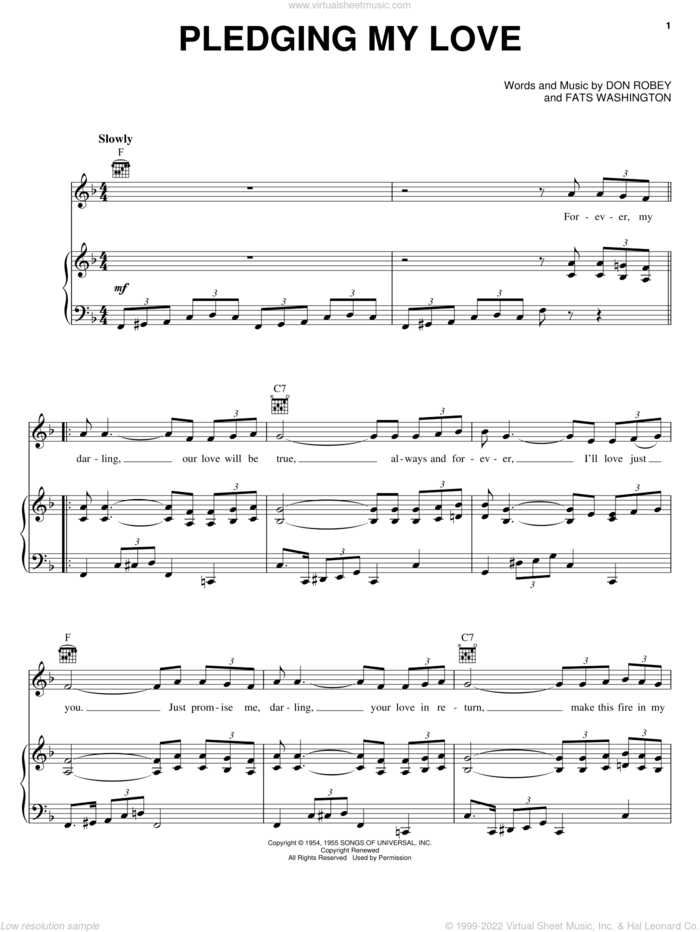 Pledging My Love sheet music for voice, piano or guitar by Emmylou Harris, Elvis Presley, Johnny Ace, Don Robey and Fats Washington, intermediate skill level