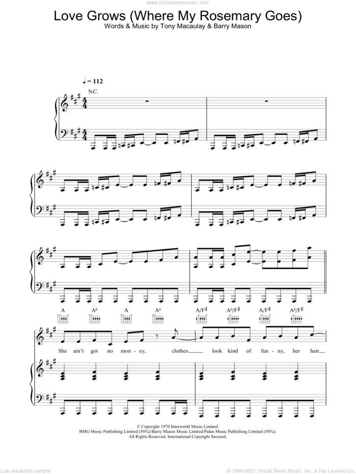 Love Grows (Where My Rosemary Goes) sheet music for voice, piano or guitar by Edison Lighthouse, Barry Mason and Tony MacAuley, intermediate skill level