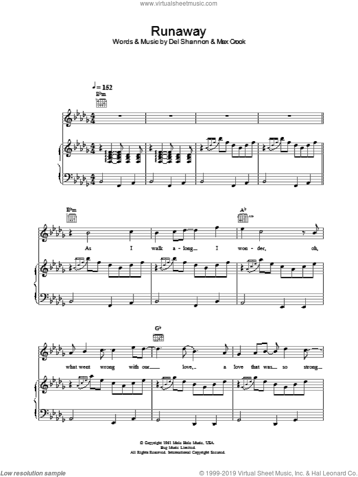 Runaway sheet music for voice, piano or guitar by Del Shannon and Max Crook, intermediate skill level