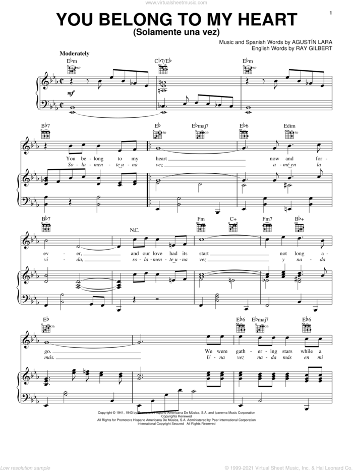 You Belong To My Heart (Solamente Una Vez) sheet music for voice, piano or guitar by Agustin Lara and Ray Gilbert, intermediate skill level