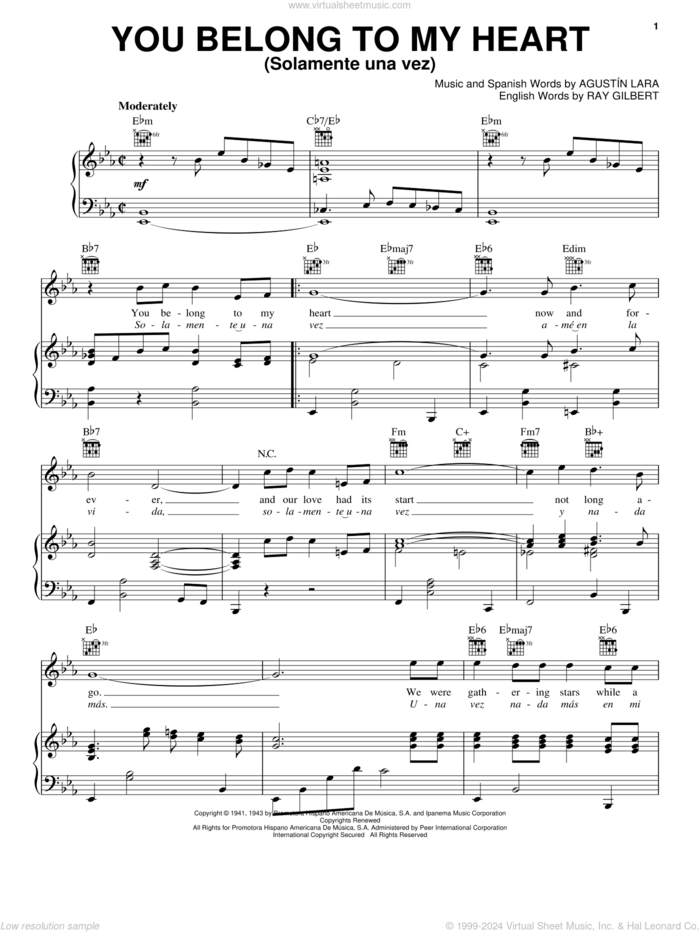 You Belong To My Heart (Solamente Una Vez) sheet music for voice, piano or guitar by Agustin Lara and Ray Gilbert, intermediate skill level