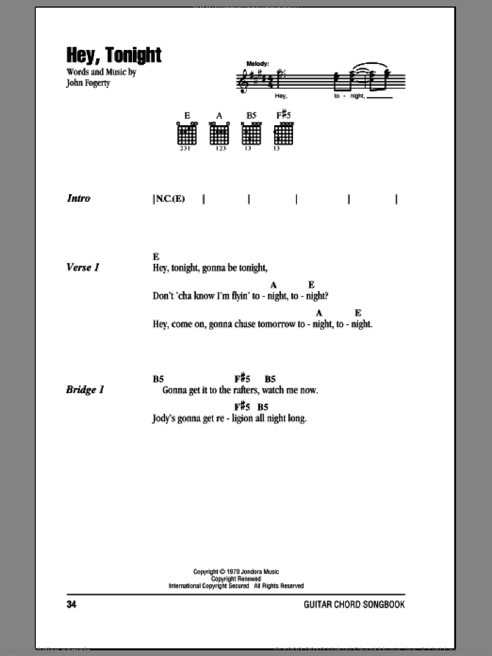 Hey, Tonight sheet music for guitar (chords) by Creedence Clearwater Revival and John Fogerty, intermediate skill level