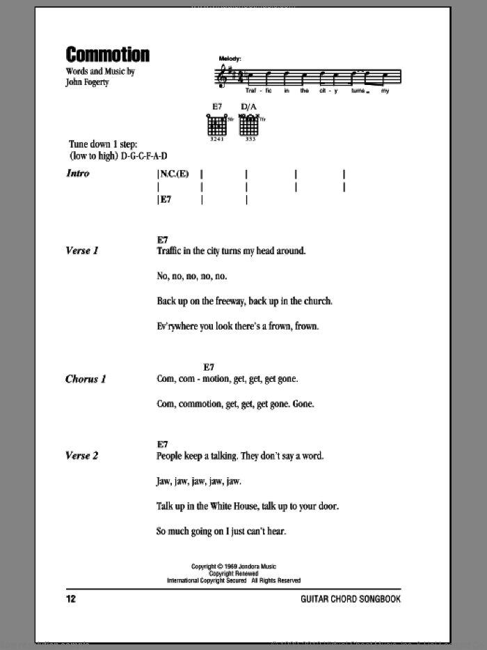 Commotion sheet music for guitar (chords) by Creedence Clearwater Revival and John Fogerty, intermediate skill level