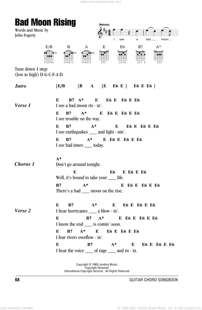 Bad Moon Rising sheet music for guitar (chords) by Creedence Clearwater Revival and John Fogerty, intermediate skill level