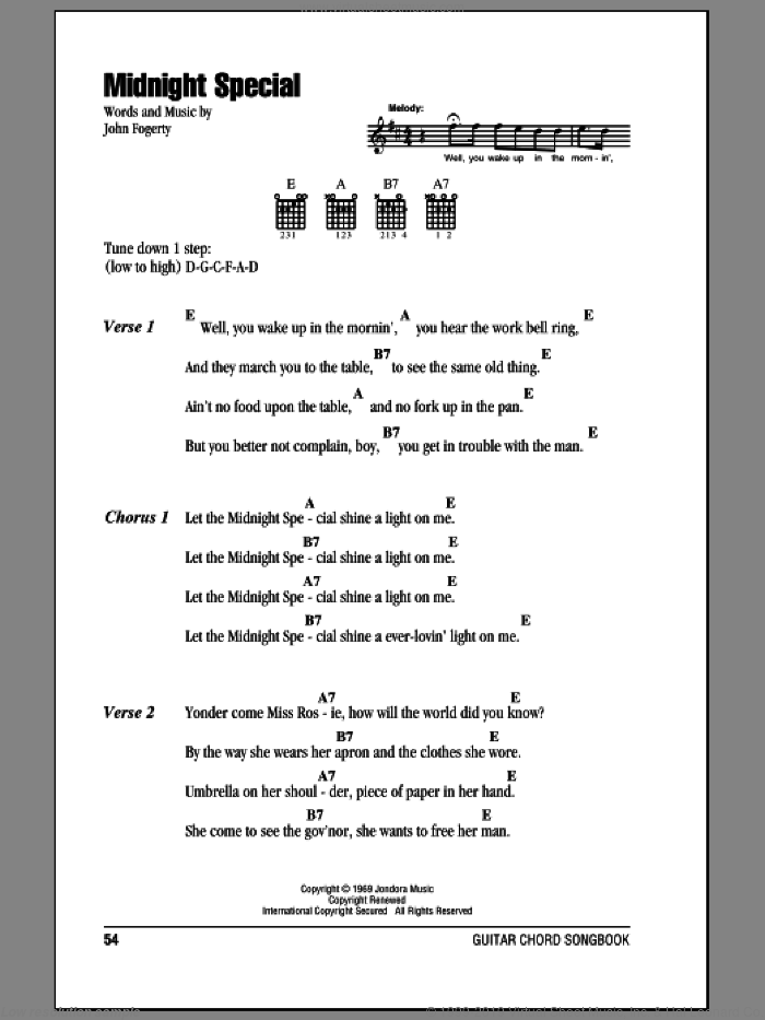 Midnight Special sheet music for guitar (chords) by Creedence Clearwater Revival and John Fogerty, intermediate skill level