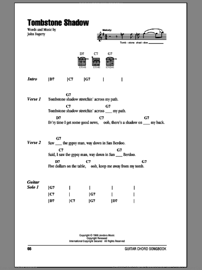 Tombstone Shadow sheet music for guitar (chords) by Creedence Clearwater Revival and John Fogerty, intermediate skill level