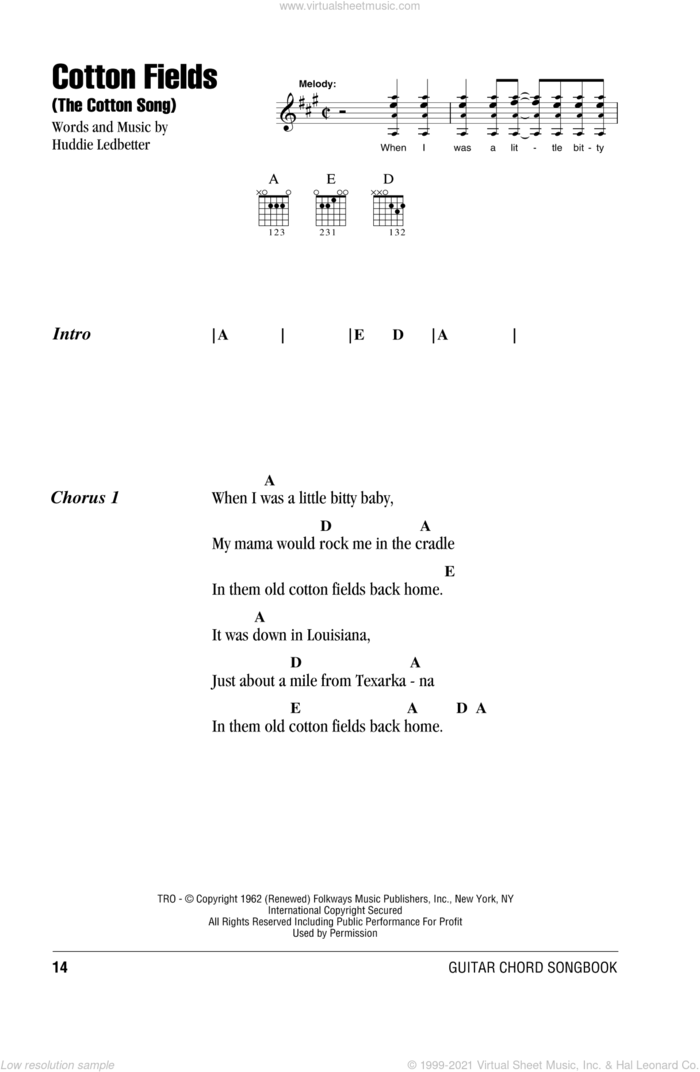 Cotton Fields (The Cotton Song) sheet music for guitar (chords) by Creedence Clearwater Revival, The Highwaymen and Huddie Ledbetter, intermediate skill level