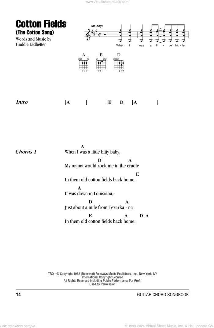 Cotton Fields (The Cotton Song) sheet music for guitar (chords) by Creedence Clearwater Revival, The Highwaymen and Huddie Ledbetter, intermediate skill level