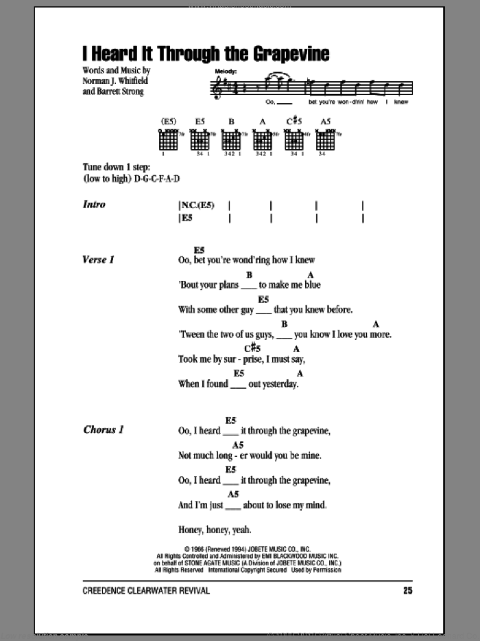 I Heard It Through The Grapevine sheet music for guitar (chords) by Creedence Clearwater Revival, Barrett Strong and Norman Whitfield, intermediate skill level