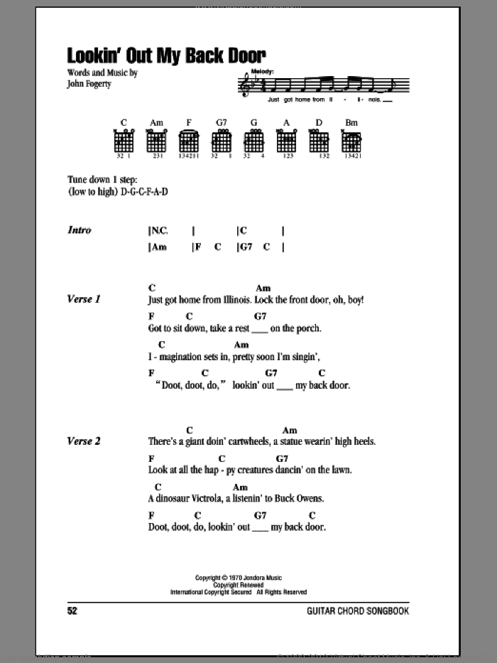 Lookin' Out My Back Door sheet music for guitar (chords) by Creedence Clearwater Revival and John Fogerty, intermediate skill level