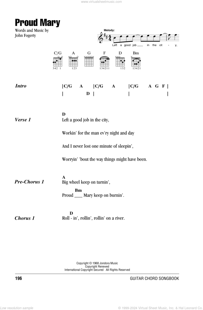 Proud Mary sheet music for guitar (chords) by Creedence Clearwater Revival and John Fogerty, intermediate skill level