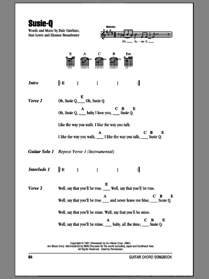 Susie-Q sheet music for guitar (chords) by Creedence Clearwater Revival, Dale Hawkins, Eleanor Broadwater and Stan Lewis, intermediate skill level