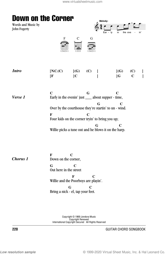 Down On The Corner sheet music for guitar (chords) by Creedence Clearwater Revival and John Fogerty, intermediate skill level