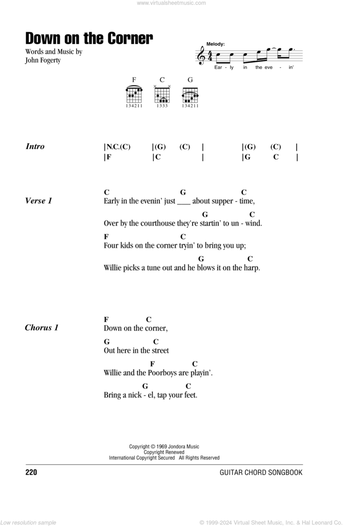 Down On The Corner sheet music for guitar (chords) by Creedence Clearwater Revival and John Fogerty, intermediate skill level