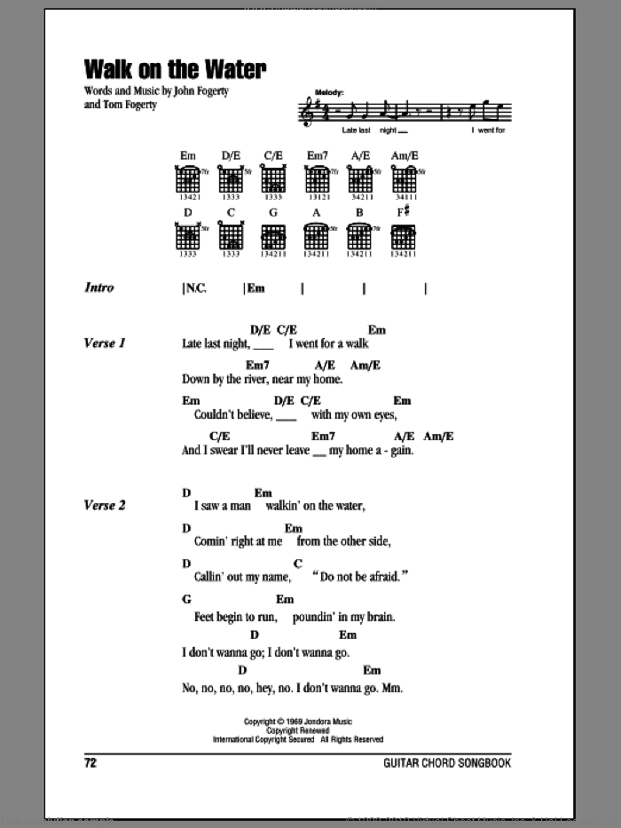Walk On The Water sheet music for guitar (chords) by Creedence Clearwater Revival, John Fogerty and Tom Fogerty, intermediate skill level