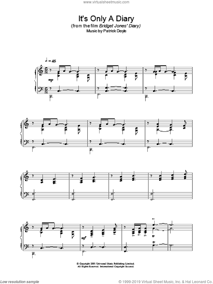 It's Only A Diary sheet music for piano solo by Patrick Doyle and Patrick  Doyle, intermediate skill level