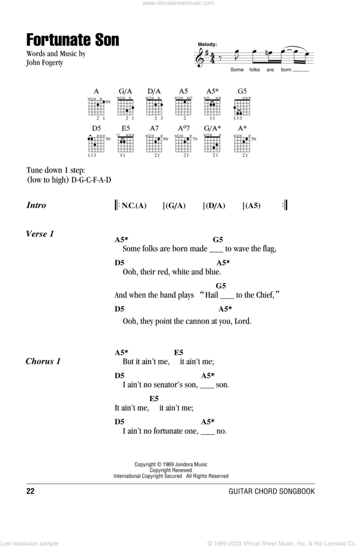 Fortunate Son sheet music for guitar (chords) by Creedence Clearwater Revival and John Fogerty, intermediate skill level