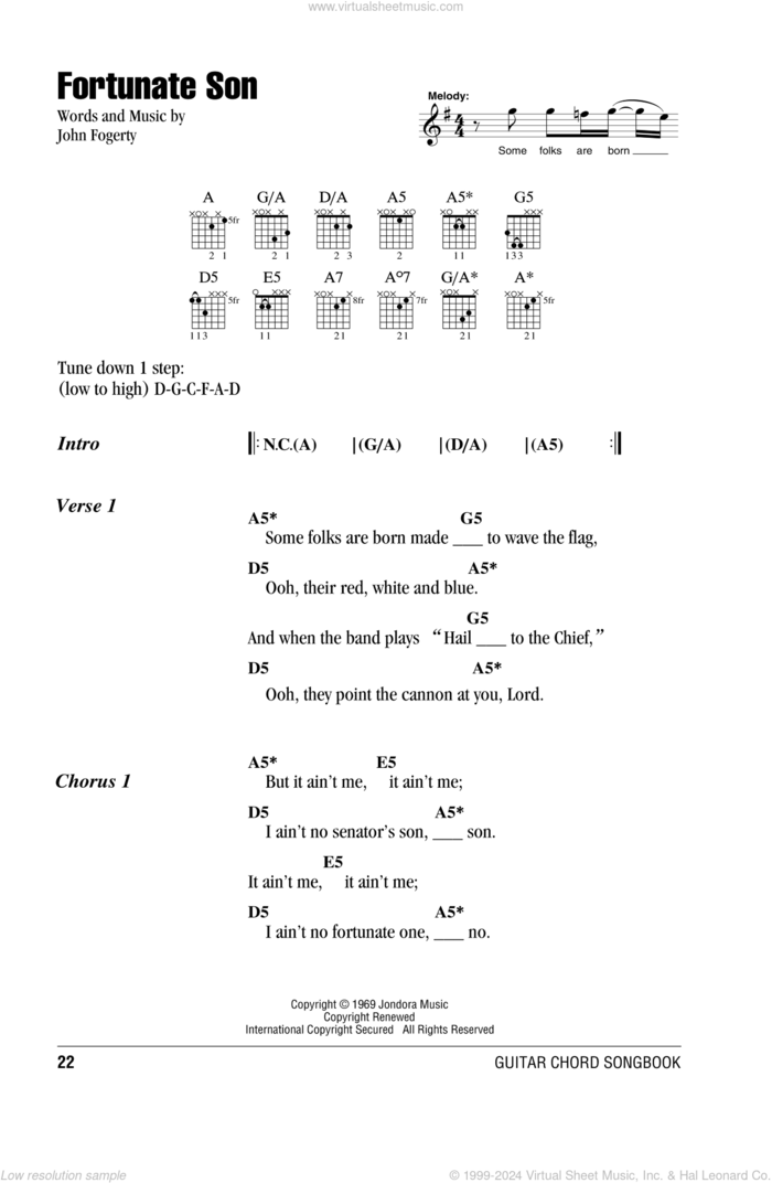 Fortunate Son sheet music for guitar (chords) by Creedence Clearwater Revival and John Fogerty, intermediate skill level