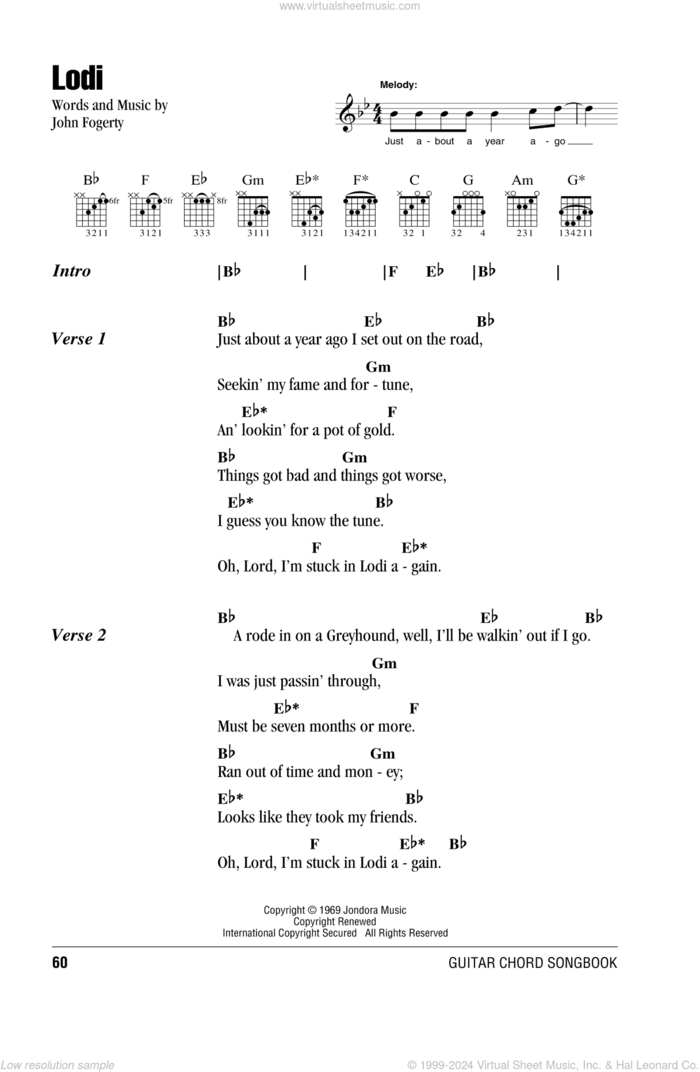 Lodi sheet music for guitar (chords) by Creedence Clearwater Revival and John Fogerty, intermediate skill level