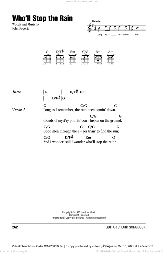 Who'll Stop The Rain sheet music for guitar (chords) by Creedence Clearwater Revival and John Fogerty, intermediate skill level