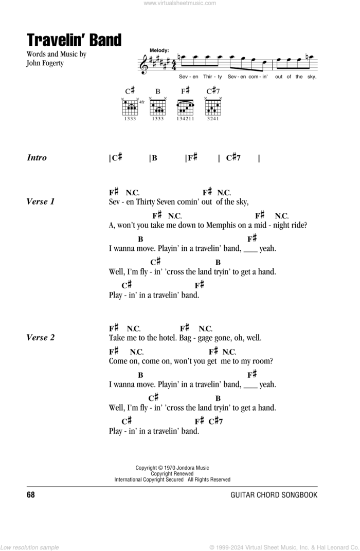 Travelin' Band sheet music for guitar (chords) by Creedence Clearwater Revival and John Fogerty, intermediate skill level