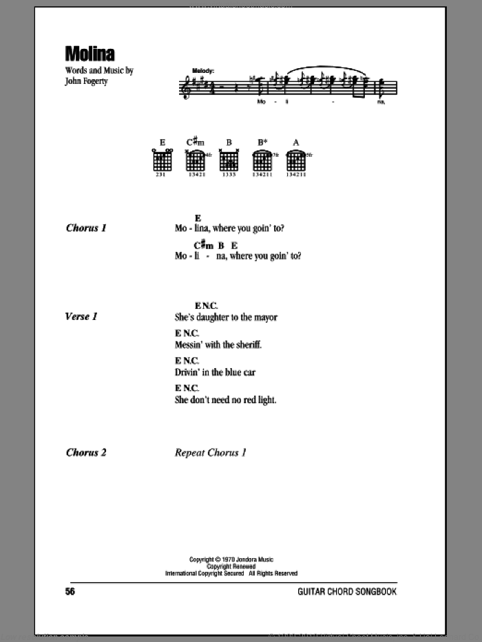 Molina sheet music for guitar (chords) by Creedence Clearwater Revival and John Fogerty, intermediate skill level