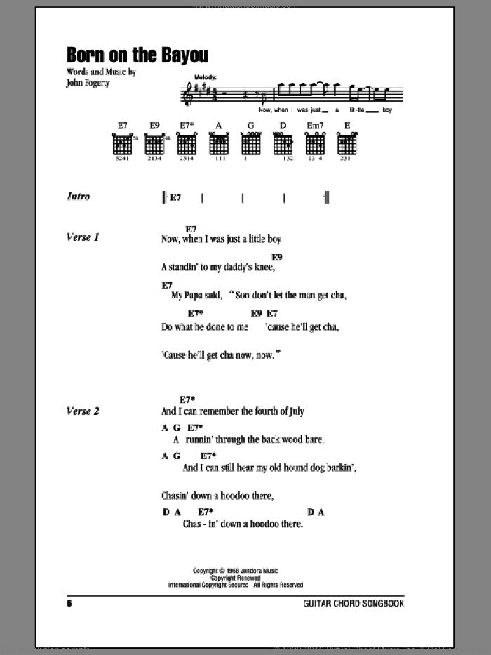 Born On The Bayou sheet music for guitar (chords) by Creedence Clearwater Revival and John Fogerty, intermediate skill level