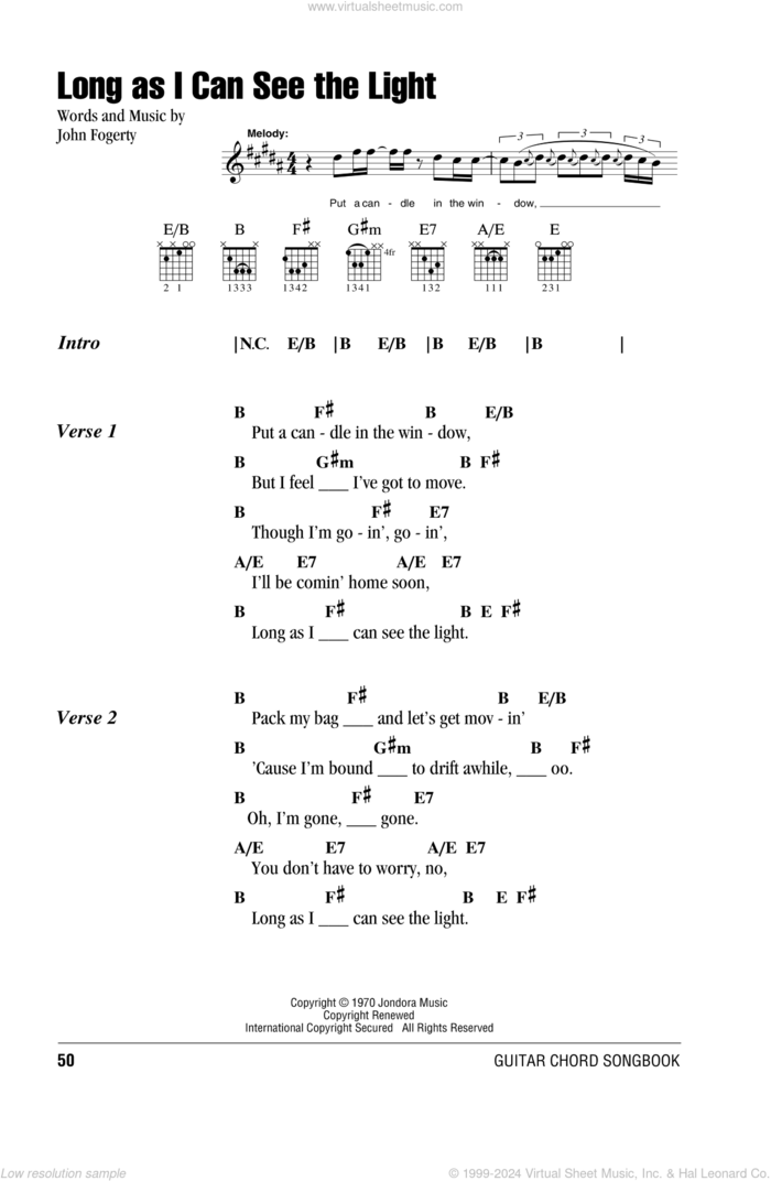 Long As I Can See The Light sheet music for guitar (chords) by Creedence Clearwater Revival and John Fogerty, intermediate skill level