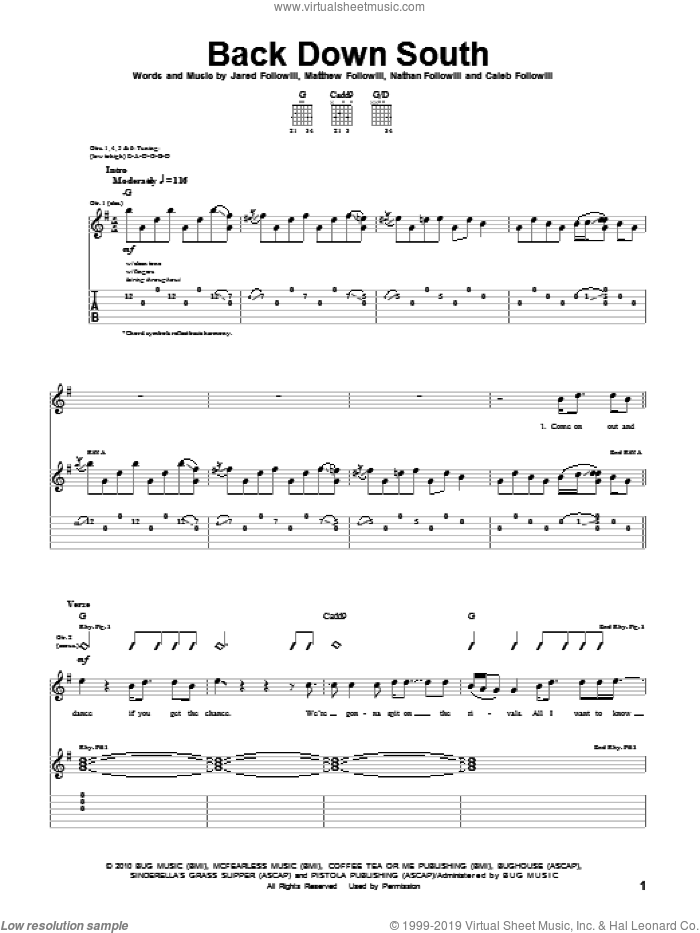 Back Down South sheet music for guitar (tablature) by Kings Of Leon, Caleb Followill, Jared Followill, Matthew Followill and Nathan Followill, intermediate skill level