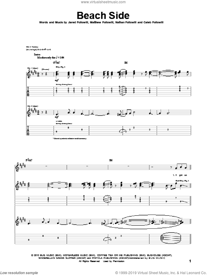 Beach Side sheet music for guitar (tablature) by Kings Of Leon, Caleb Followill, Jared Followill, Matthew Followill and Nathan Followill, intermediate skill level